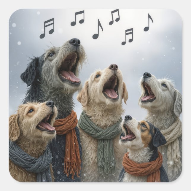 Christmas Caroling Dogs In Snowflakes Quadratischer Aufkleber (Vorderseite)