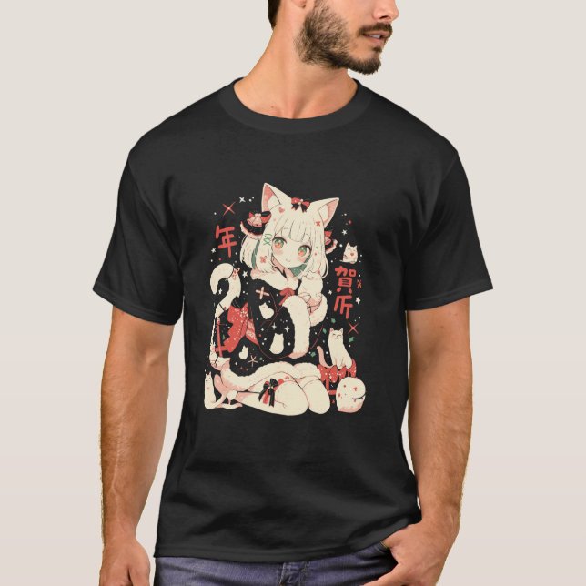 Christmas Cat Girl Anime Waifu Kawaii Japan Holida T-Shirt (Vorderseite)