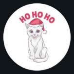 Christmas Cat Ho Ho Ho Runder Aufkleber<br><div class="desc">Phantastisches Weihnachtsdesign mit einer Katze,  die eine Weihnachtsmannmütze trägt,  und der Beschriftung "Ho ho ho ho". Ein perfektes Spiel für die kommenden Weihnachtsferien.</div>