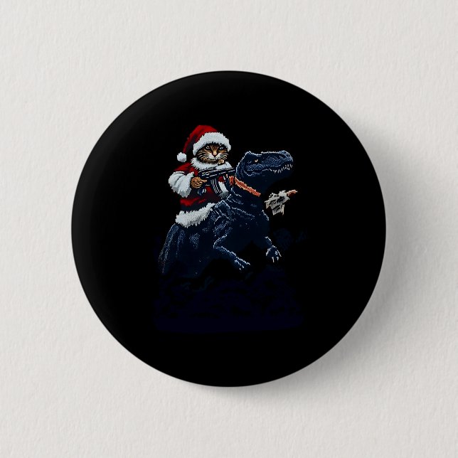 Christmas Cat In Santa Hat Holding A Gun And Dinos Button (Vorderseite)