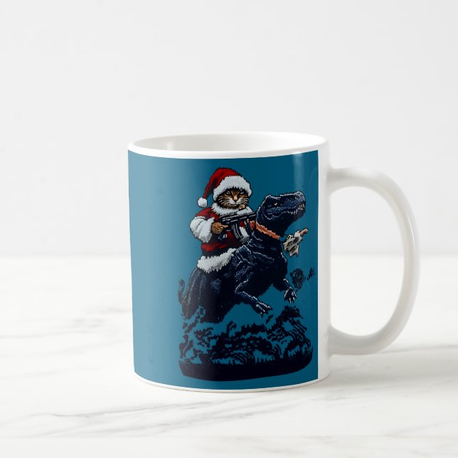 Christmas Cat In Santa Hat Holding A Gun And Dinos Kaffeetasse (Rechts)