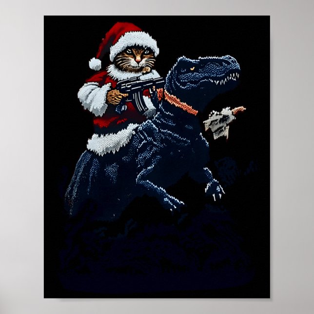 Christmas Cat In Santa Hat Holding A Gun And Dinos Poster (Vorne)