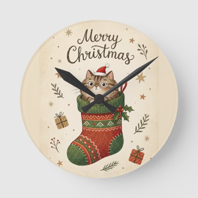 Christmas Cat in Stocking Runde Wanduhr (Vorderseite)