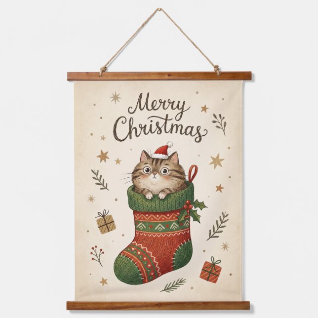 Christmas Cat in Stocking Wandteppich Mit Holzrahmen (Vorderseite)