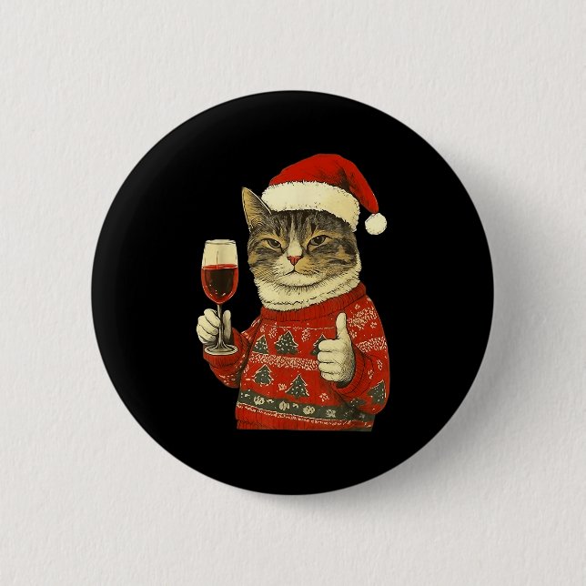 Christmas Cat Likes Cute Cat Drinking Wine With Sa Button (Vorderseite)