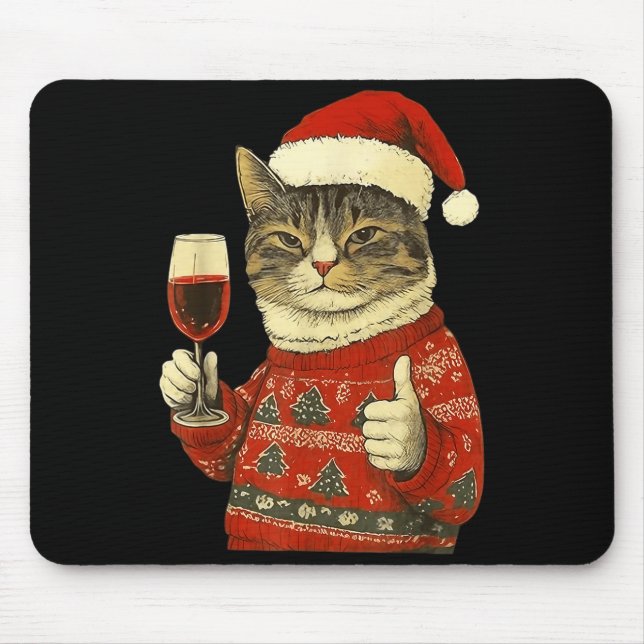 Christmas Cat Likes Cute Cat Drinking Wine With Sa Mousepad (Vorne)
