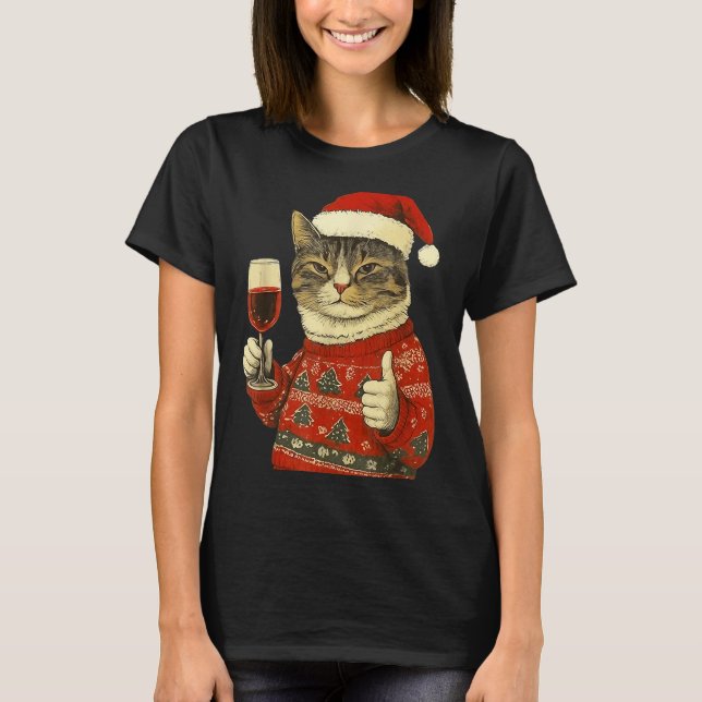 Christmas Cat Likes Cute Cat Drinking Wine With Sa T-Shirt (Vorderseite)