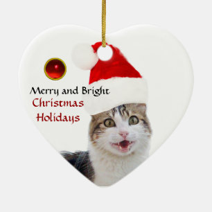 CHRISTMAS CAT MIT SANTA CLAUS HAT RUBY HERZ KERAMIK ORNAMENT
