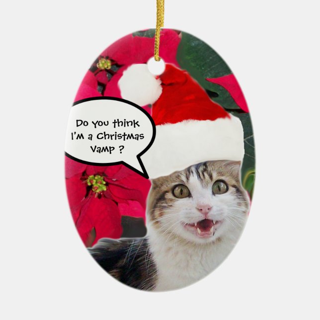 CHRISTMAS CAT MIT SANTA CLAUS HAT UND POINSETTIS KERAMIK ORNAMENT (Vorne)