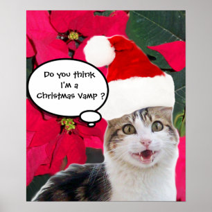 CHRISTMAS CAT MIT SANTA CLAUS HAT UND POINSETTIS POSTER