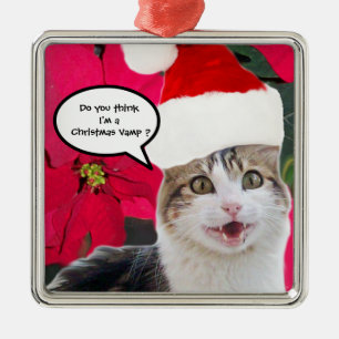 CHRISTMAS CAT MIT SANTA CLAUS HAT UND POINSETTIS SILBERNES ORNAMENT