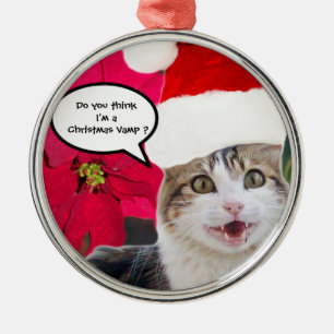 CHRISTMAS CAT MIT SANTA CLAUS HAT UND POINSETTIS SILBERNES ORNAMENT