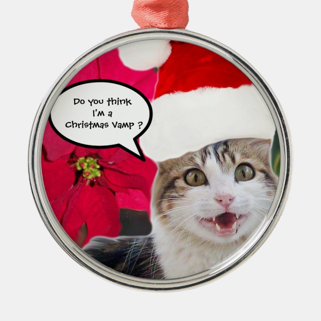 CHRISTMAS CAT MIT SANTA CLAUS HAT UND POINSETTIS SILBERNES ORNAMENT (Vorne)