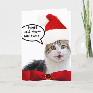 CHRISTMAS CAT MIT SANTA CLAUS HAT UND RED RIBBON FEIERTAGSKARTE