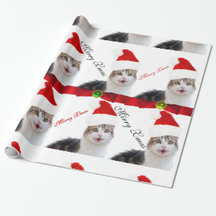 CHRISTMAS CAT MIT SANTA CLAUS HAT UND RED RIBBONS GESCHENKPAPIER