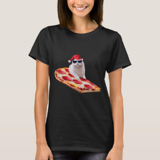 Christmas Cat On Pizza Slice With Sungasse Novel T-Shirt