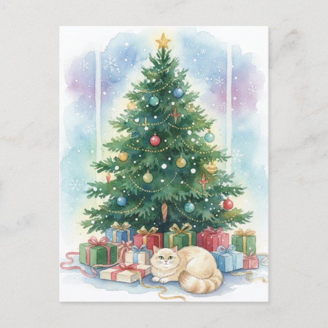 Christmas Cat Postcard Cozy Watercolor Holiday Art Postkarte (Vorderseite)