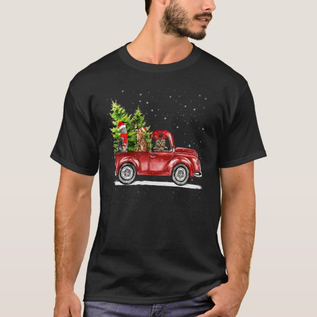 Christmas Cat Santa Reindeer Red Truck Xmas Tree P T-Shirt (Vorderseite)