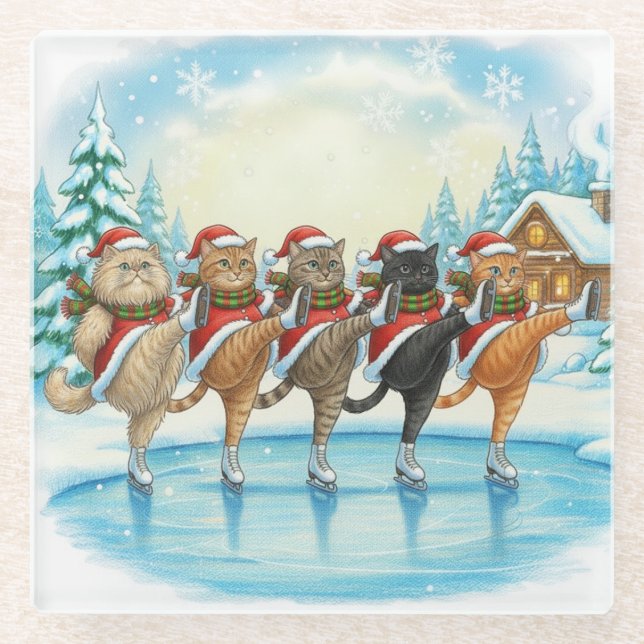 Christmas Cat Skaters, Glass Coaster Glasuntersetzer (Vorderseite)