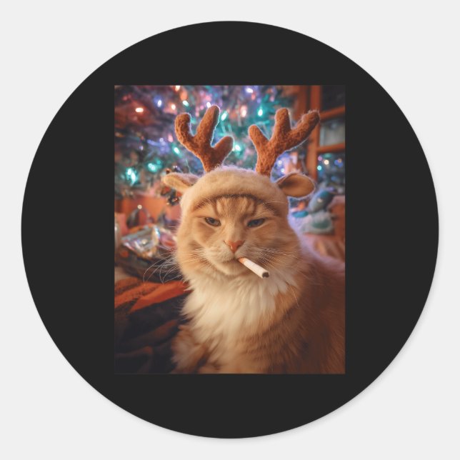 Christmas Cat Smoking Cigarette Meme Gen Z Comfort Runder Aufkleber (Vorderseite)