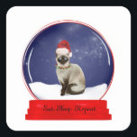 Christmas Cat Snow Globe Quadratischer Aufkleber<br><div class="desc">Diese Schneeglobe hat eine siamesische Katze, die in einer Weihnachtsmannmütze mit einer Garage aus Heiligen und Beeren gekleidet ist. Sie können die Nachricht auf der Vorderseite der Vorlage, die ich bereitgestellt habe, ändern. Wenn Ihnen gefällt, was Sie sehen, aber nicht sehen, was Sie gewollt haben, kann ich meine Designs bearbeiten,...</div>
