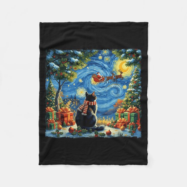 Christmas Cat Starry Night Holiday Van Gogh Xmas S Fleecedecke (Vorderseite)