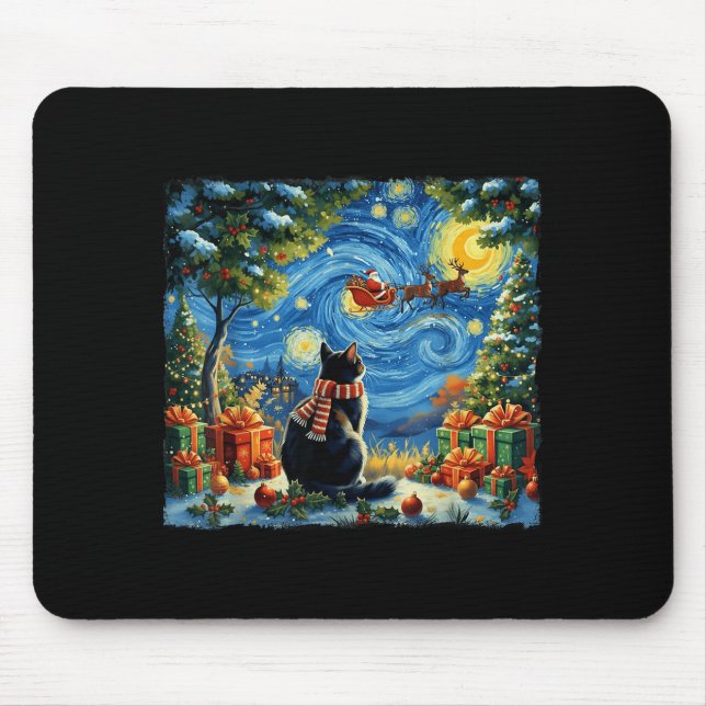 Christmas Cat Starry Night Holiday Van Gogh Xmas S Mousepad (Vorne)