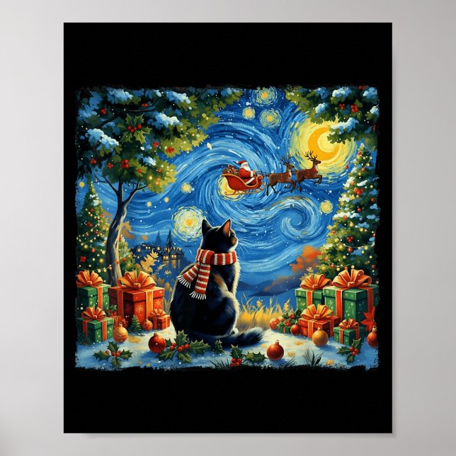 Christmas Cat Starry Night Holiday Van Gogh Xmas S Poster (Vorne)