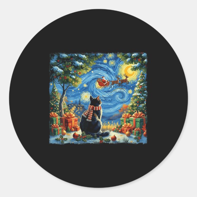 Christmas Cat Starry Night Holiday Van Gogh Xmas S Runder Aufkleber (Vorderseite)