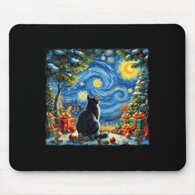 Christmas Cat Starry Night Van Gogh Santa Winter G Mousepad (Vorne)