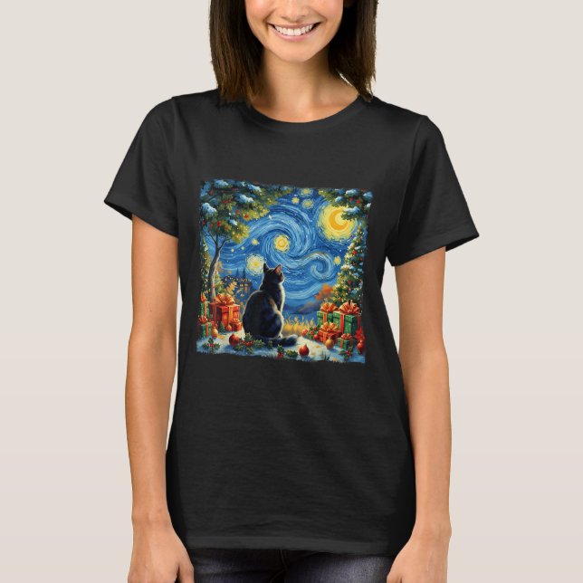 Christmas Cat Starry Night Van Gogh Santa Winter G T-Shirt (Vorderseite)