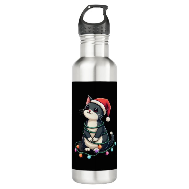 Christmas Cat Tuxedo black cat xmas lights kitty c Edelstahlflasche (Vorderseite)