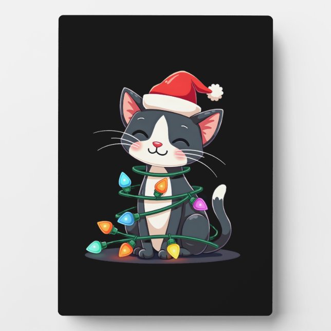 Christmas Cat Tuxedo black cat xmas lights kitty c Fotoplatte (Vorderseite)