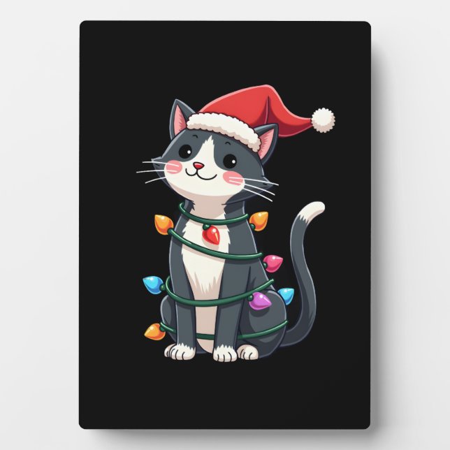 Christmas Cat Tuxedo black cat xmas lights kitty c Fotoplatte (Vorderseite)
