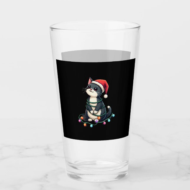 Christmas Cat Tuxedo black cat xmas lights kitty c Glas (Vorderseite)