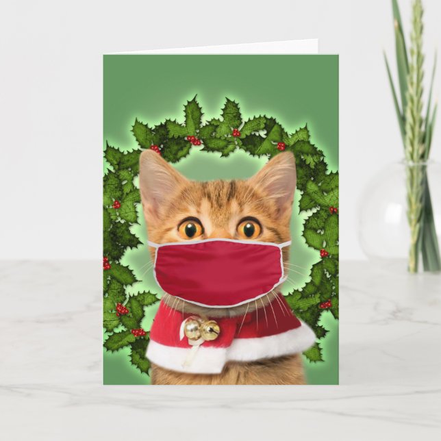 Christmas Cat with coronavirus mask Karte (Vorderseite)