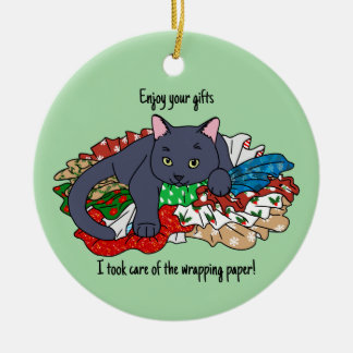 Christmas cat with wrapping paper keramik ornament