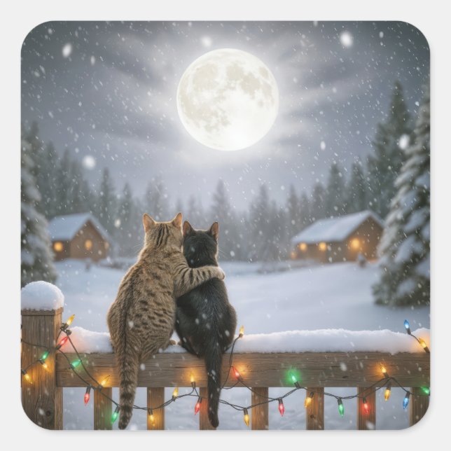 Christmas Cats Cuddling On a Snowy Fence Quadratischer Aufkleber (Vorderseite)