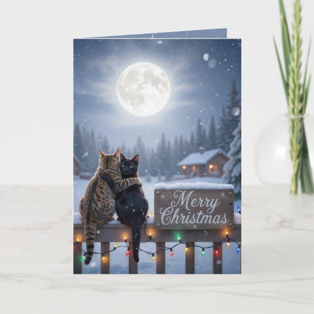 Christmas Cats Embracing On a Snowy Fence Karte (Vorderseite)