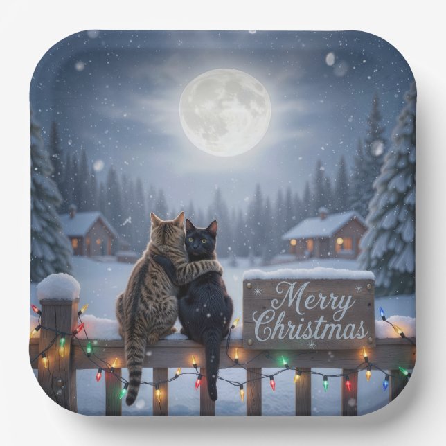 Christmas Cats Embracing On a Snowy Fence Pappteller (Vorderseite)