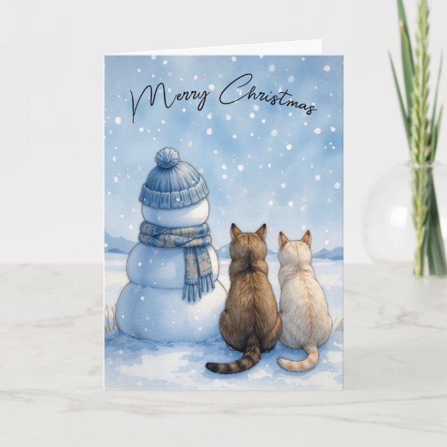 Christmas Cats Sitting With a Snowman In a Field Karte (Vorderseite)