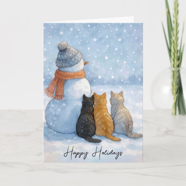 Christmas Cats Sitting With a Snowman In a Field Karte (Vorderseite)
