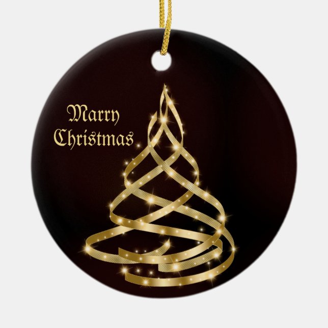 Christmas Celebration Shiny Golden Ribbon Tree Keramik Ornament (Vorne)
