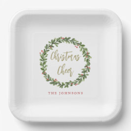 Christmas Cheer Wreath Gold Script Personalized Pappteller