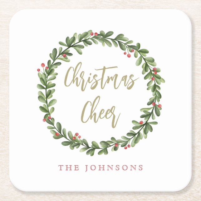 Christmas Cheer Wreath Gold Script Personalized Rechteckiger Pappuntersetzer (Vorderseite)