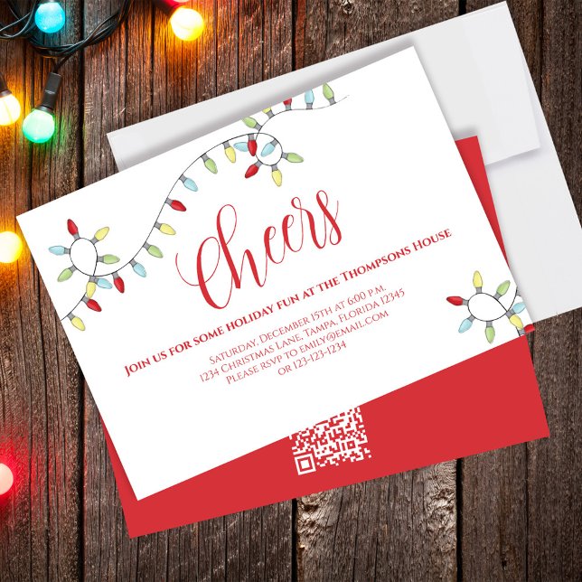 Christmas Cheers Colorful String Lights QR Code  Einladung (Cheers Christmas holiday invitation with whimsical string of lights. )