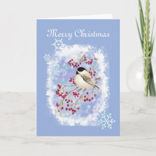 Christmas Chickadee bird in Frosty Window Feiertagskarte