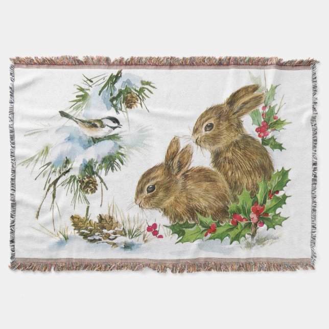 Christmas Chickadee Bunnies Holly Warm Decke (Vorderseite)