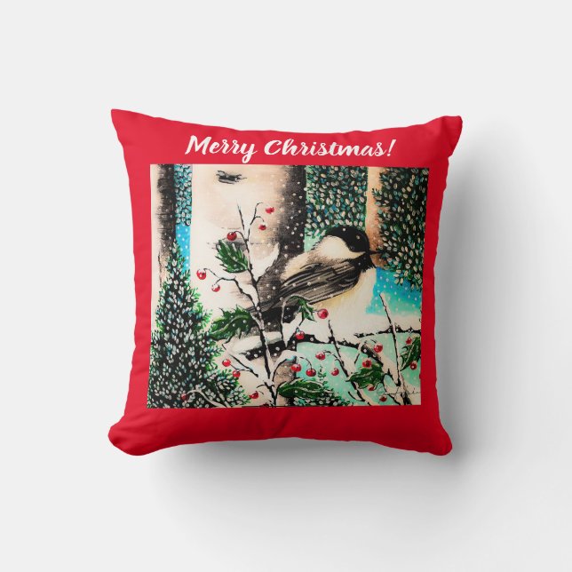 Christmas Chickadee Chatter Red Pillow Kissen (Vorderseite)
