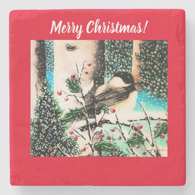 Christmas Chickadee Chatter Roter Untersetzer (Vorderseite)